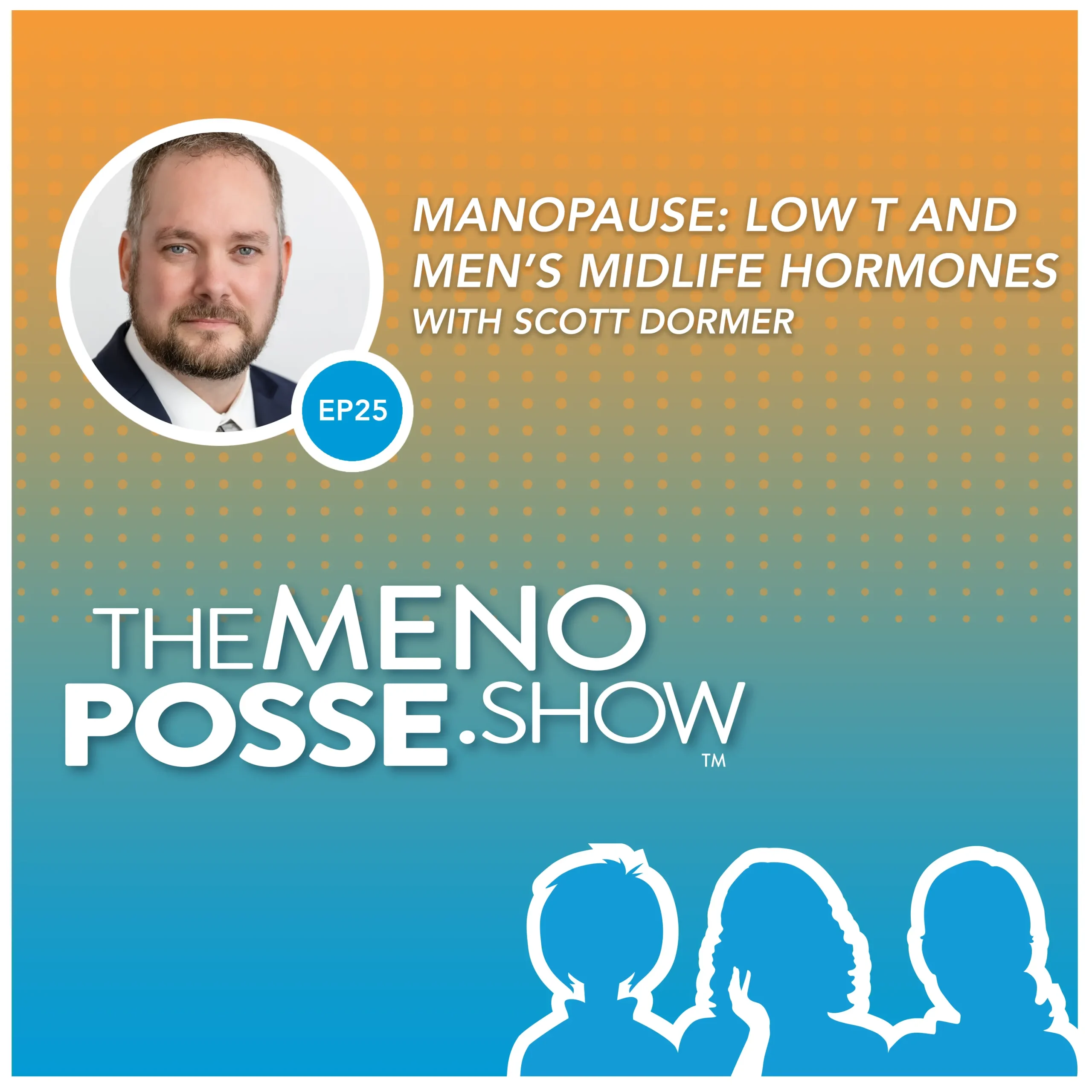 Image depicts episode artwork for The MenoPosse Show podcast. It features a silhouette of the 3 hosts and a photo of the guest, Scott Dormer Episode 25 - Manopause: Low T and Men’s Midlife Hormones